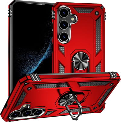 Casemania Hoesje Geschikt voor Samsung Galaxy S24 Rood - Anti-Shock Hybrid Armor Back Cover - Hoes met Kickstand Ring