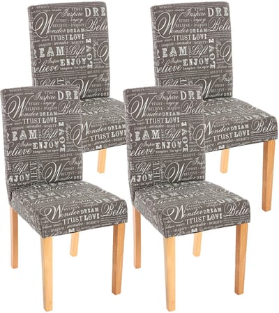 Set van 4 eetkamerstoelen Keukenstoel Littau ~ textiel met belettering, grijs, lichte poten