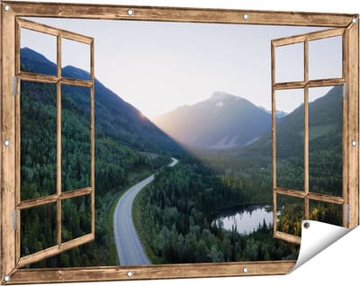 Gards Tuinposter Doorkijk Weg Door het Bergen Landschap - 120x80 cm - Tuindoek - Tuindecoratie - Wanddecoratie buiten - Tuinschilderij