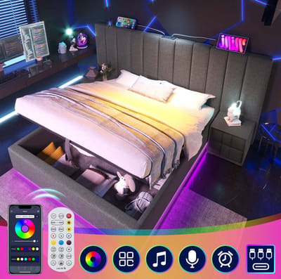 MEUNIQ tweepersoons opbergbed 160x200 met LED-verlichting, 3 USB-poorten en USB-C, lattenbodem, hydraulische opbergruimte, grijze stof, slaapkamer
