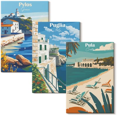 Wallfluent Set van canvas schilderijen - Schilderachtige kustlandschappen van toeristische bestemmingen Canvas Schilderijen Set - set 3 stuks 20x30 cm - Veelkleurig Set van Canvas Prints - Landschappen Canvas Kunst Set - Boheemse Canvas Kunst Set