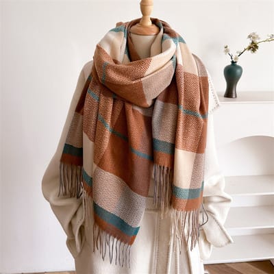 Wintersjaal - Veelzijdige kwastjessjaal - Wintermode - Damessjaal - Zacht en warm - Herfstsjaal - Omslagdoek - Dames wintersjaal - Warme omslagdoek - Warme nekwarmer - Geruit - Geschikt als cadeau voor vrienden en familie - Bruingroen - 210 x 70 cm