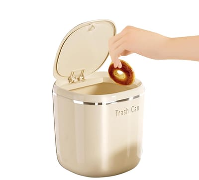 Mini Prullenbak - Afvalbak Tafel - Kantoor Bureau - Met Drukdeksel - 14cm Hoog - Beige