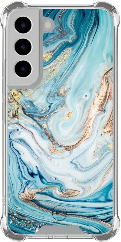 Hoesje (shockproof) geschikt voor Samsung Galaxy S22 - Marmer blauw goud - Extra sterke case - TPU/polycarbonaat - Marmer - Blauw, Transparant