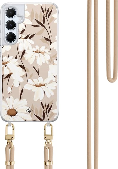 Casimoda® hoesje met koord - Geschikt voor Samsung A55 - In Bloom - Afneembaar koord - TPU/polycarbonaat - Bruin/beige