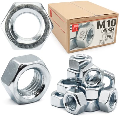 LUN FIX - Zeskantmoer M10 - 1 Kg (ca.100 Stk.) - DIN 934 - Sterkte 8 - Verzinkt staal - Moeren voor schroeven