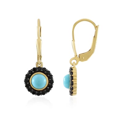 Cavill - Elegante Oorbellen 925 Sterling Zilver - Verguld - Sleeping Beauty Turkoois 1,08ct & Zwarte Spinel 0,58ct - Ronde Cabochon Blauw-Zwart