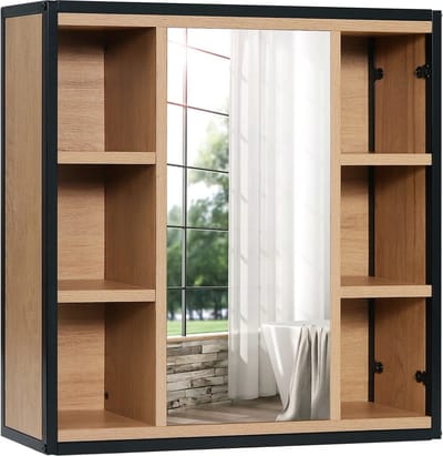 DHN Badkamermeubel met Spiegel - Verstelbare Planken - Badkamer kast - 60X58X16Cm - 6 Open Vakken - Wand gemonteerd badkamerkast
