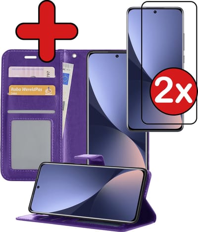 Hoesje - Met 2x Screenprotector - Geschikt voor Xiaomi 12X - Luxe Pasjeshouder - Flip Case - Bookcase Portemonee - Kunstleer Book Case - Flipcase Hoes - Book Cover - Walletcase - Portemonneehoes - Telefoonhoes - Paars