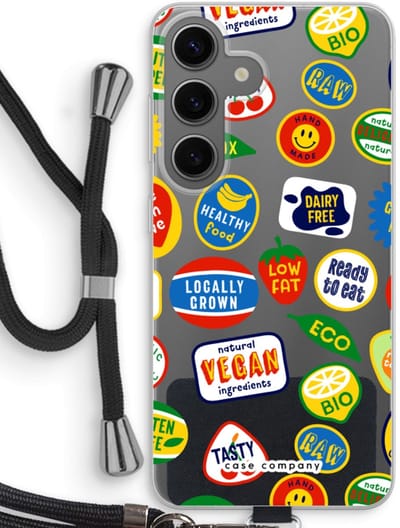 Case Company® - Hoesje met koord geschikt voor Samsung Galaxy S24 hoesje met Koord - Fruitsticker - Telefoonhoesje met Zwart Koord - Bescherming aan alle Kanten en Over de Schermrand