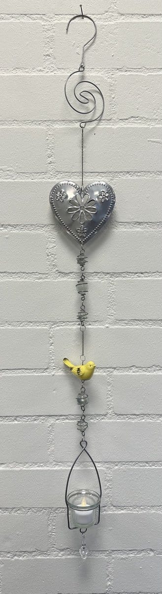 Deco theelichthouder "hart"met metalen ketting - Hart+bloem en vogel- zilveren ketting + gele vogel - lengte 105 cm - exclusief theelicht - Woondecoratie - Theelichthouder - Woonaccessoires