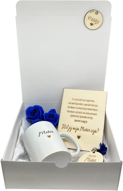 Geschenkbox Wil jij mijn METER zijn? | blauw | MOK | sleutelhanger | zeeproosjes | meter vragen | meter worden | peettante vragen | peettante worden | cadeau | doosje met een vraag