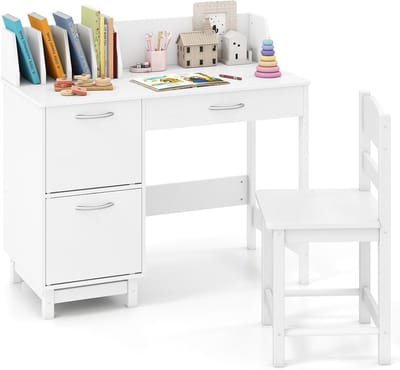 Kinderbureau met Stoel - Bureau Set - Leren en Knutselen - Grote Opbergruimte - 86 x 42 cm - Wit