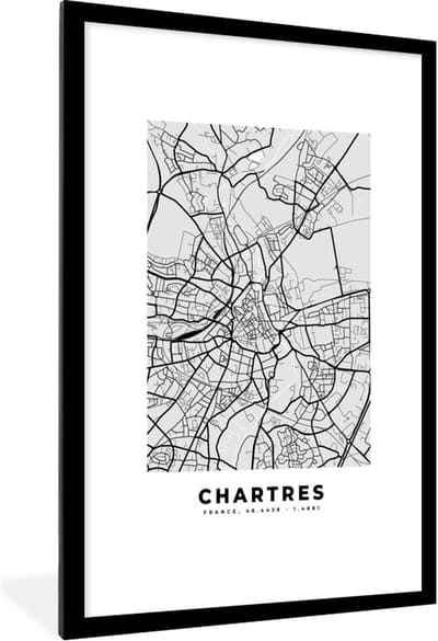 Fotolijst incl. Poster - Chartres – Plattegrond – Frankrijk – Kaart – Stadskaart - 80x120 cm - Posterlijst
