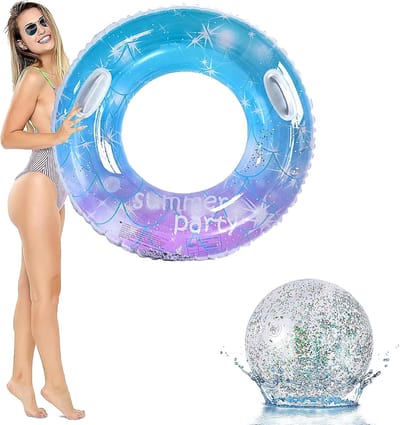 Thijox - Opblaasbare Zwemring voor Volwassenen met Pailletten, Grote Drijvende Ring met Handvat, Kleurrijk Blauw, Duurzaam PVC, Zomer Waterplezier, Id