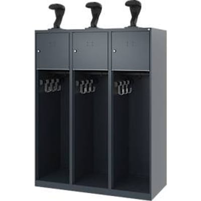 Brandweerkluis C+P Evolo Youngster, 3 vakken, met helmhouder, vloerglijders, B 1200 x D 500 x H 1530 mm, RAL 7016 antracietgrijs