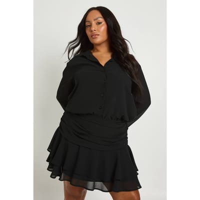 boohoo Dames Plus Ruche Mini Rok Shirtjurk | Zwart | Maat: 44
