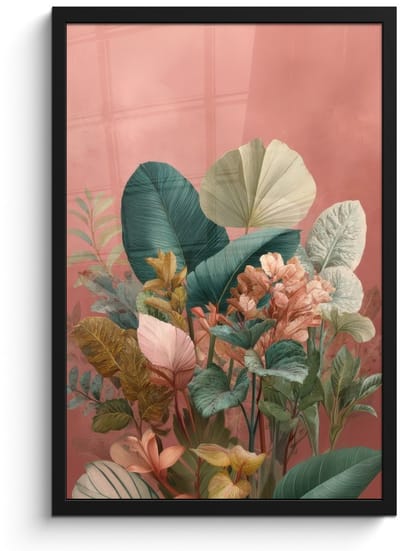 Poster in lijst - Fotolijst 40x60 cm - Posters - Tropische bladeren - Bloemen - Roze - groen - Posterlijst zwart - Decoratie - Wanddecoratie woonkamer - Muurdecoratie slaapkamer