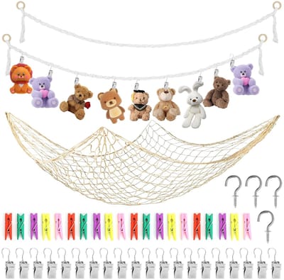 Dailygoods- Knuffeldierenhouder 2 m - Hangmat - Macramé - Opbergnet - 40 Clips - Stoffen Dierenopslag - Knuffelopberger