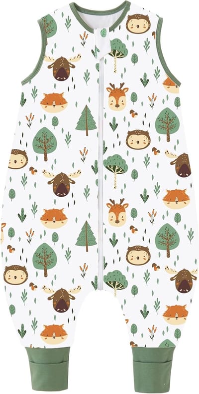 Babyslaapzak met voeten, 1,5 TOG, voor kinderen, het hele jaar door, slaapzak, 100% katoen, babyslaapzak met pijpen, voor jongens en meisjes, 1,5 TOG/bosdieren, 90 cm, babylengte 95-105 cm