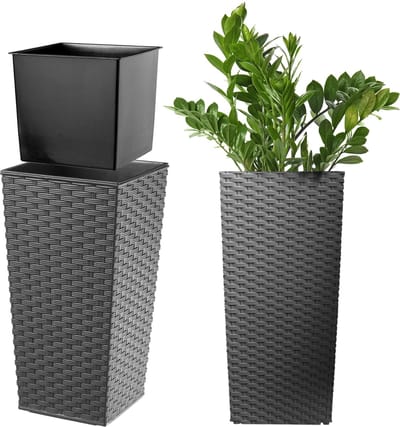 KADAX Bloempot, bloembak van kunststof, plantenbak voor bloemen, binnen en buiten, tuin, balkon, terras, huis, weerbestendig, imitatie rotan (46,5 cm hoog, grafiet rotan)