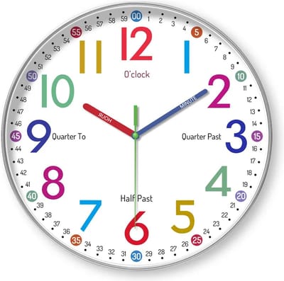 JustValue Wandklok voor Kinderen - Ø 30 cm - Kinderklok Educatief - Leren Klokkijken - Leerklok met Kleuren - Stil