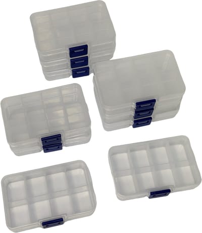 MGM Trading - Set van 10 Doorzichtige Plastic Opbergdozen met Verstelbare Verdelers (10,5 x 6,5 cm) - 8 Compartimenten voor Doe-het-zelf Kunst, Knutsel-Accessoires en Sieraden