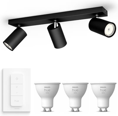 Philips Hue Kosipo Opbouwspot (Zwart) - Warmwit Licht - Incl. Hue Dimmer Switch - Plafondspot met 3 Lichtpunten - GU10 - Hue White