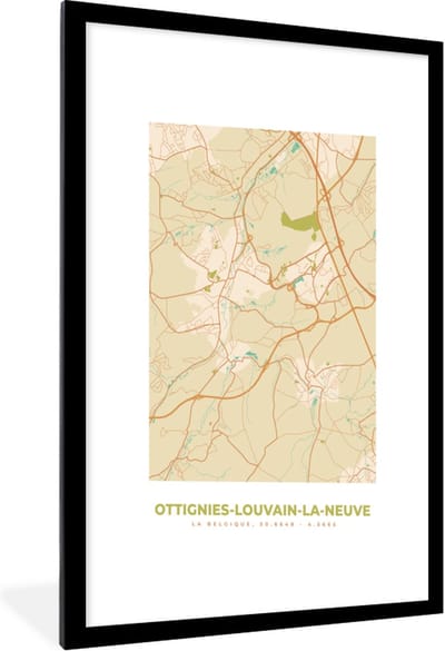 Fotolijst incl. Poster - Stadskaart - België - Ottignies-Louvain-la-Neuve - Kaart - Plattegrond - 60x90 cm - Posterlijst