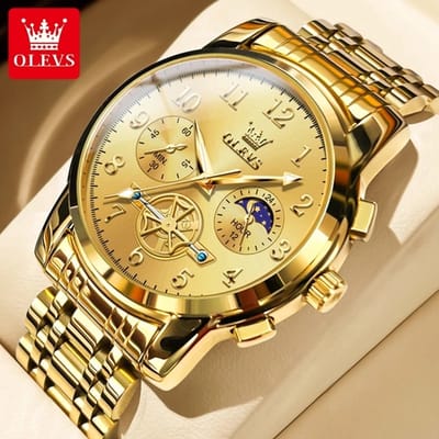 HO-2900.g : Olevs goudkleurige edelstaal heren horloge, goudkl wijzerplaat, cijfers, chronograaf, skeleton sekondenwerk