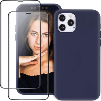 Backcover Hoesje Geschikt Voor: 12 Pro Max Liquid Silicone rubberen + 2X volledige Tempered screenprotector - Nachtblauw