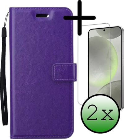 Hoesje Met 2x Screenprotector - Geschikt voor Samsung Galaxy S24 - Luxe Pasjeshouder - Bookcase Portemonee - Flip Case - Kunstleer Book Case - Flipcase Hoes - Book Cover - Walletcase - Portemonneehoes - Paars