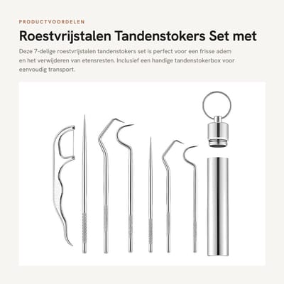 Dailygoods- Tandenstokers 7-delige set - Roestvrij Staal 304 - Tandenreinigingsset - Tandenstokerbox - Draagbare Sleutelhanger - Voor Buiten/Camping - Tandenreinigers