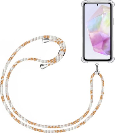 Telefoonkoord + Hoesje Geschikt voor Samsung Galaxy A35 - Lengte Verstelbaar - Telefoonketting - Shock Proof Case - Wit Goud