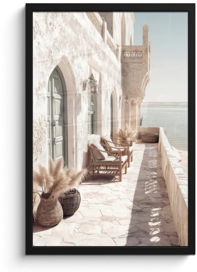 Poster in lijst - Fotolijst 40x60 cm - Posters - Terras - Stoelen - Strand - Beige - Posterlijst zwart - Decoratie - Wanddecoratie woonkamer - Muurdecoratie slaapkamer