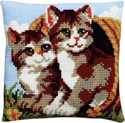 Pako borduurpakket kruissteek kussen- 2 katjes in rieten mand - geprint stramien - 003.194 - DIY kit