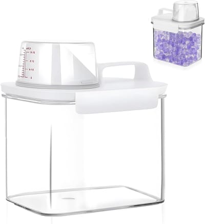 Famanu – Wasmiddel opbergbox met maatbeker, 1100 ml luchtdichte waspoedercontainer voor wasruimte