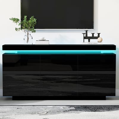 STILVORA Dressoir - Hoogglans Kast Met RGB LED En Greeploos Ontwerp - 2 Deuren 3 Lades Voor Woonkamer En Hal - Spaanplaat - 140x35x72,5 cm - Zwart