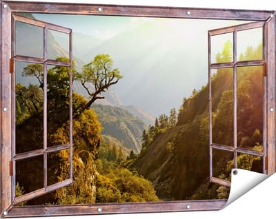Gards Tuinposter Doorkijk Bos in de Bergen met Zonneschijn - Kleur - 120x80 cm - Tuindoek - Tuindecoratie - Wanddecoratie buiten - Tuinschilderij