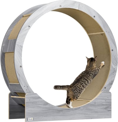 PawHut Katzenlaufrad Laufrad für Katzen 91 cm mit Bremse, Kratzbrett, Katzenrad für gesunde Bewegung, Entspannung, Grau