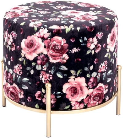 Poef – Zwart textiel met rozenmotief – Ronde hocker en voetenbank – 45 cm hoog, 40 cm diameter