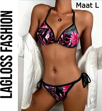 LaGloss® 2-Delige Bikini Set Tropische Bloemenprint Zwart – Maat L - Trendy Dames Zwemkleding