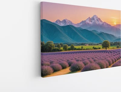 Saammp Canvas Schilderij - Bloemen - Lavendel met bergachtig landschap - Natuur - 45x30 - Foto op canvas - Wanddecoratie - Muurdecoratie Woonkamer - Slaapkamer decoratie - Canvas Print