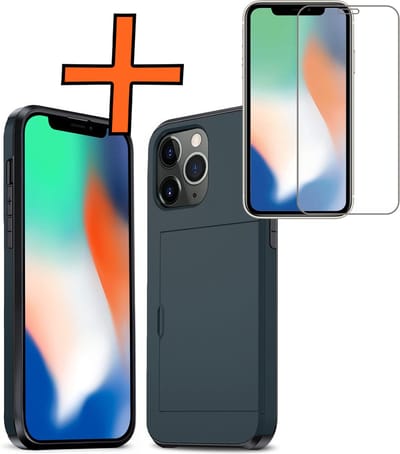 Hoesje Geschikt voor iPhone 11 Pro Hoesje Pasjeshouder Shockproof Hard Case Met Screenprotector - Hoesje Geschikt voor iPhone 11 Pro Hoes Met Kaarthouder - Donkerblauw