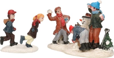 Lumineo Kerstdorp figuren - kinderen - sneeuwballen gooien - 6,5 cm - polyresin - figuurtjes