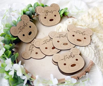 14 Houten Mijlpaalkaarten Baby - Babyshower cadeau - Kraamcadeau Jongen en meisje - milestone cards/beertje
