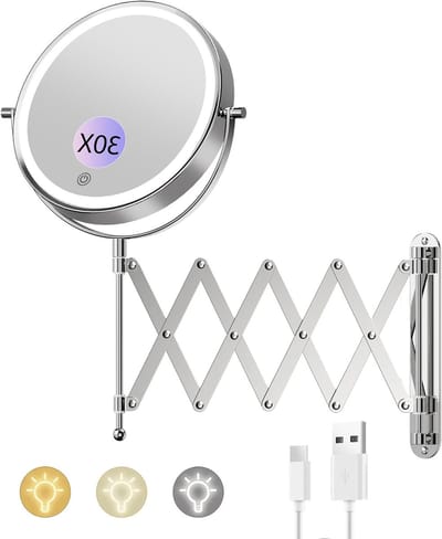 Oplaadbare Make-up Spiegel met 1x/10x Vergroting, 3 Kleuren Verlichting en Touchscreen Dimming voor Badkamer en Hotelgebruik