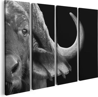 Artaza Canvas Schilderij Vierluik Buffel - Buffelkop - Zwart Wit - 80x60 - Foto Op Canvas - Canvas Print