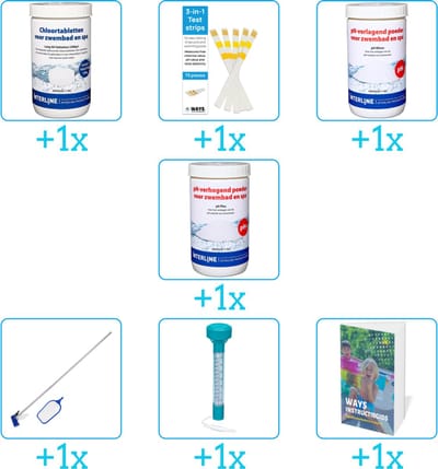 Zwembad Onderhoudspakket - Onderhoud Zwembad - bevat Chloor - Testrips - PH-min - PH-plus - Schoonmaakset - Thermometer en Zwembadgids (7-delig)