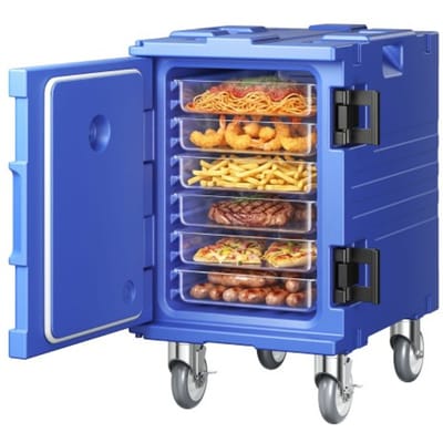 VEVOR Geïsoleerde voedselcontainerdrager, 82 Qt warme doos voor catering, LLDPE voedselcontainerdrager met eendelige gesp, voorlader met handgrepen, eindlader met wielen voor restaurant, cafetaria, enz.